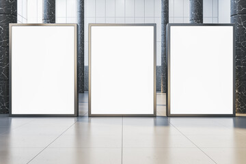 Poster - Modern empty white billboards in interior with glass partitions, columns and concrete flooring. Mock up, 3D Rendering.