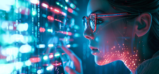 A woman wears digital glasses and gazes at a holographic display. Futuristic technology and innovation. Generative AI.