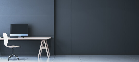 Poster - Wide minimalistic black interior with workplace and computer monitor, mock up place on wall. 3D Rendering.