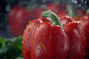 Red sweet pepper with drops and water close up
