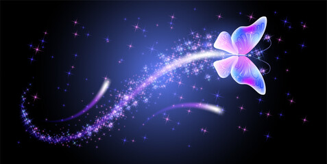 Wall Mural - Magic butterfly with fantasy sparkle and blazing trail and glowing stars on night background