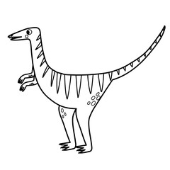 Wall Mural - Cute black and white compsognathus in cartoon style isolated element. Funny dinosaur of jurassic period for kids design. Prehistorical dino clipart in outline for coloring. Vector illustration 