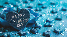 Happy Father's Day Greeting Card With Blue Heart And Confetti On Blue Background