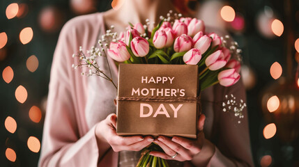 Female hands hold a gift box with a bouquet of pink tulips. Mother's Day.