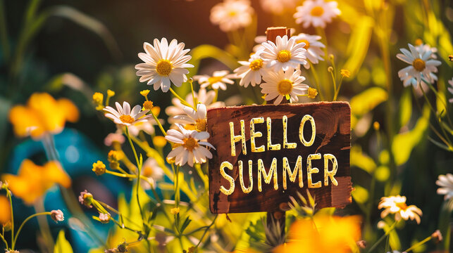 Hello Summer text on wooden sign in flower garden with daisies