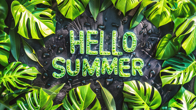 Hello Summer lettering on black stone background with green tropical leaves.