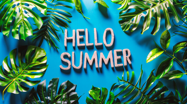 Hello Summer text with tropical leaves on blue background. Flat lay, top view