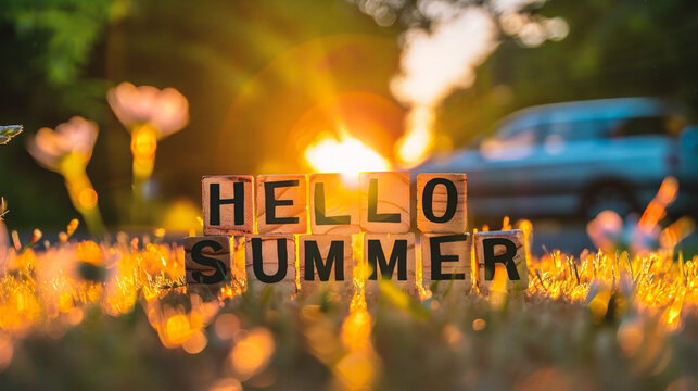 Hello summer text message on wooden blocks in the grass with car background