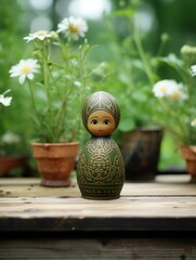 Traditional Matryoshka Doll on Wooden Garden Table