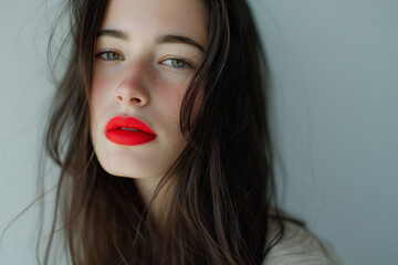 Wall Mural - Intense portrait of a young woman with dark hair and striking red lipstick, showcasing a natural look with freckles and a soft gaze.