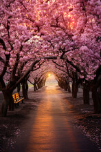 Beautiful Sunset Over A Quiet Road Lined With Blooming Cherry Blossom Trees In Spring. Serene Spring Walk Along The Cherry Blossom Path At Sunset