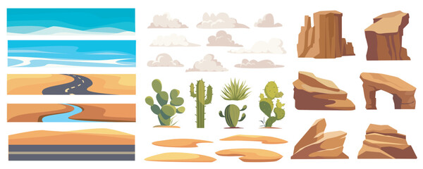 Desert landscape elements constructor mega set in flat graphic design. Creator kit with sandy spaces and sky, roads, dunes, clouds, green actus, rock mountains, dry climate. Vector illustration.