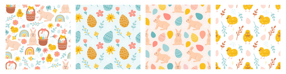 Canvas Print - happy easter. vector seamless pattern set. rabbit, easter eggs, flowers and chickens