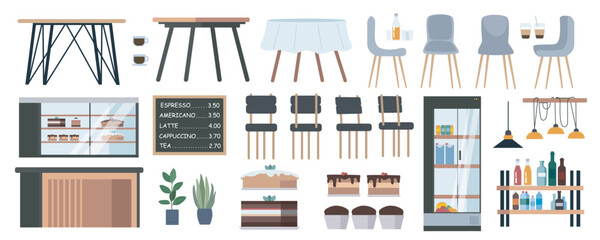 Poster - Restaurant interior elements constructor mega set in flat graphic design. Creator kit with cafe tables and chairs, coffee cups, drinks, showcase with desserts, pastry, counter. Vector illustration.