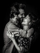 Monochrome image, man and woman hugging and laughing, black background, casual elegant style, intimate atmosphere