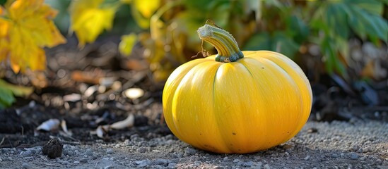 Poster - A vibrant yellow pumpkin is positioned at the center of a garden, surrounded by plants and vegetation. The pumpkin stands out with its bright color against the greenery of the garden.