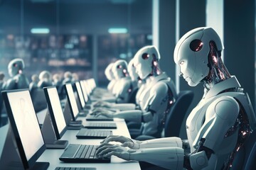 Aufkleber - Humanoid robot interacting with computer screens, Robot work global data Generate Ai