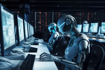Aufkleber - Humanoid robot interacting with computer screens, Chatbot Analyzing Stock Market Graph, Ai generated