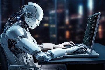 Aufkleber - Humanoid robot interacting with computer screens, Chatbot Analyzing Stock Market Graph, Ai generated