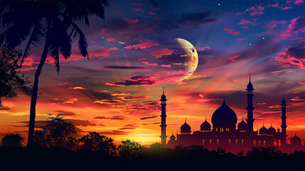 Wall Mural - A magnificent mosque silhouetted against the vibrant hues of the Eid ul Azha sky, a beacon of faith and celebration.