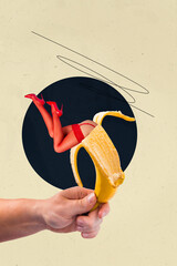 Poster - Composite collage image of hand hold banana legs red lingerie erotic seductive girl promo concept weird freak bizarre unusual