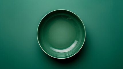 Poster - A green plate sits on a green background. an empty plate, darker green color, top view, minimal style, on a green studio background.