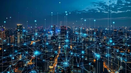 Poster - Communication network concept for a smart city. 5G. Internet of Things. Telecommunication systems.