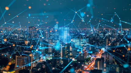 Poster - A concept of a smart city and communication network. 4G. IoT (Internet of Things). Telecommunications.