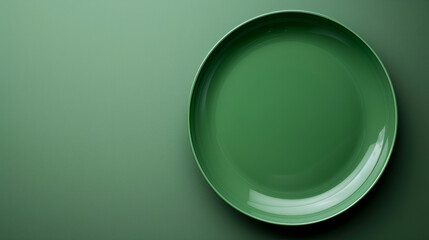 Poster - A green plate sits on a green background. an empty plate, darker green color, top view, minimal style, on a green studio background.