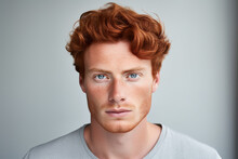Charming Curley Redhead European Man With Bristle And Bright Natural Blue Eyes On White Background