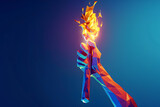 Fototapeta  - a hand holding the Olympic flame on a blue background, a torch in hand, an abstract decorative illustration in a polygonal style, a symbol of international sports games and competitions