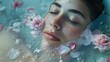Young woman immersed in a floral-infused spa bath, floating petals, relaxed expression, and the sensory beauty of bath rituals.