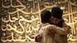 In the backdrop of intricate Islamic calligraphy, two Muslim brothers share a tender hug, symbolizing the joy and camaraderie of Eid-Ul-Adha.