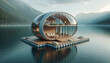 Futuristic Eco-Friendly Floating House at Dusk with Mountain View