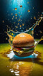 Dynamic Splash Surrounding Delicious Burger on Mood-Lit Background