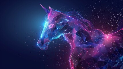 Aufkleber - An abstract mashline and point CHESS HORSE origami on a white background with an inscription. A starry sky composed of stars and the universe.  illustration of strategy.