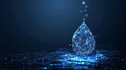 Aufkleber - Drop of water falling on a wireframe background. Abstract geometric design with wireframe light connections. 3D graphic concept isolated in  format.