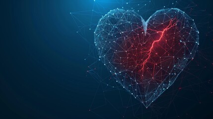 Aufkleber - An abstract heart shape with a red cardio pulsing line. Design with low poly style. Abstract geometric background. Isolated  illustration of a blue 3D graphic concept.