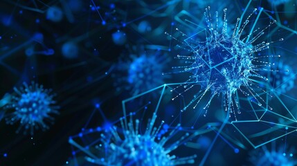 Aufkleber - The abstract  3D microbe isolated on a blue background is representing a computer virus, allergy bacteria, healthcare, and microbiology concept. Disease germs, pathogenic organisms, infectious