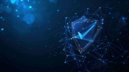 Poster - Checkmark on shield. Polygonal wireframe mesh art looks like constellations on a dark blue night sky with stars. Security, safe, privacy or other concept illustration.