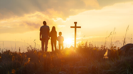 Wall Mural - Family easter silhouette, funeral silhouette, christ and cross