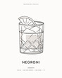 Negroni. Cocktail in a crystal glass with ice cubes and a slice of orange. A classic alcoholic drink. Illustration for drinks cards, bar and wedding menus, cards and website graphics.