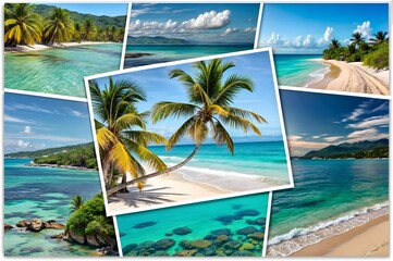 Wall Mural - set of beautiful tropical beach with palm trees, thailand, travel and vacation concept collage of pictures of the beach and sea abstract background with waves and sea.