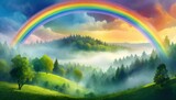 landscape with rainbow over misty forest