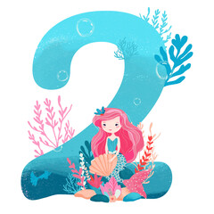 Illustration of the number two for a party or study. Drawing in blue color with texture of the sea with pink-haired mermaid and seaweed in blue and pink color. The mermaid is sitting on a rock and hol