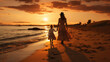 Happy mother and her daughter enjoying walk along beach at sunset.