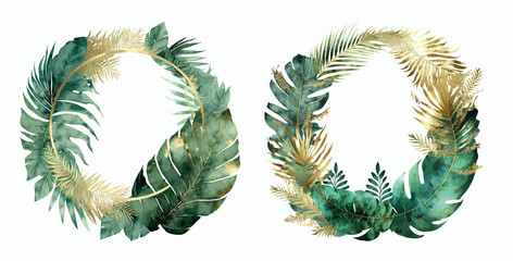 Poster - Elegant Hand-Painted Watercolor Tropical Leaf Wreaths: Green and Gold Foliage Frames for Invitations, Decorations