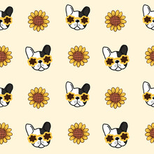 Seamless Pattern With Cartoon French Bulldog Face And Sunflower Design On Light Yellow Background