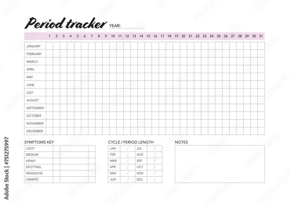 Period Chacker Period tracker chart, menstrual cycle calendar, horizontal. Stock ...