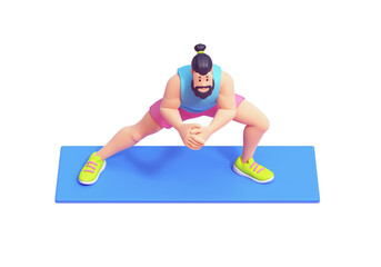 Wall Mural - Full length of young cute smiling bearded brunette man wears sportswear, pink shorts, blue tank top, green sneakers doing dynamic warm-up exercises, side lunges on mat. 3d render isolated transparent.